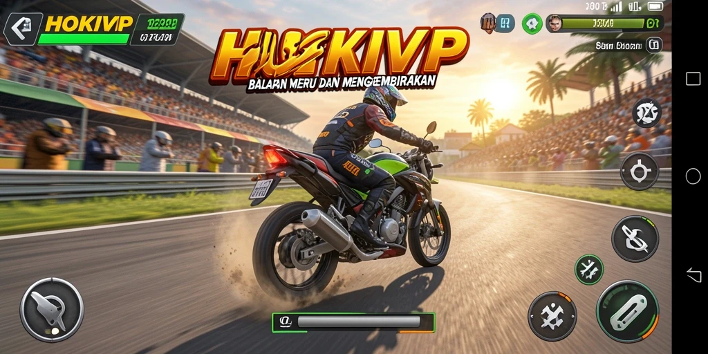 Screenshot gameplay HOKIVIP menampilkan aksi balapan motor yang mendebarkan.