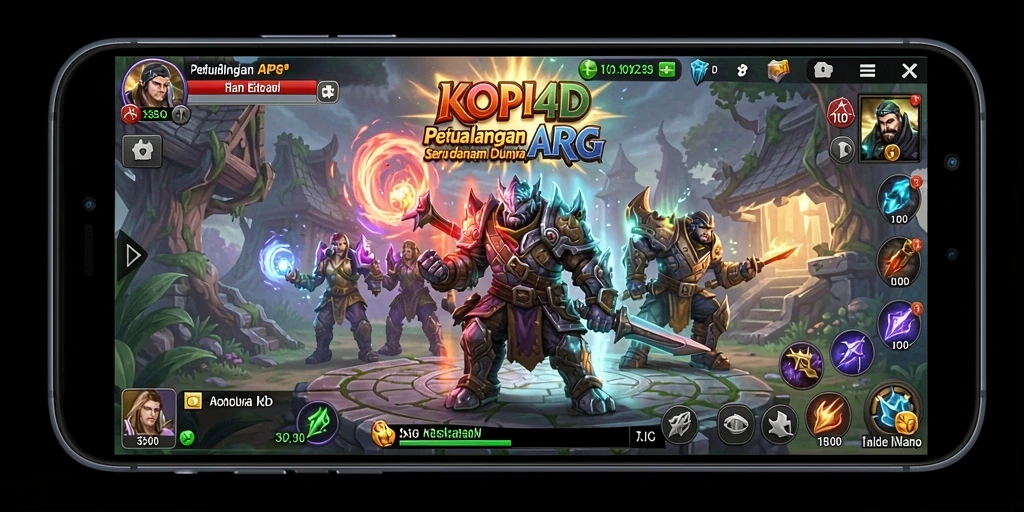 Tangkapan layar gameplay KOPI4D dengan pertempuran seru di dunia fantasi.