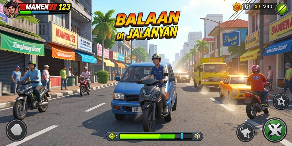 Tampilan gameplay MAMEN123 saat balapan di trek yang menantang.