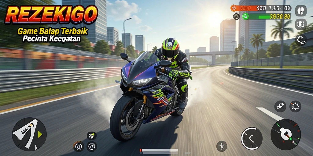 Gameplay seru dari REZEKIGO saat balapan di lintasan yang mendebarkan.