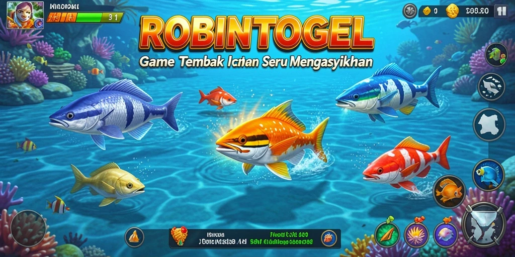 Screenshot ROBINTOGEL menampilkan aksi seru menembak ikan di lautan.