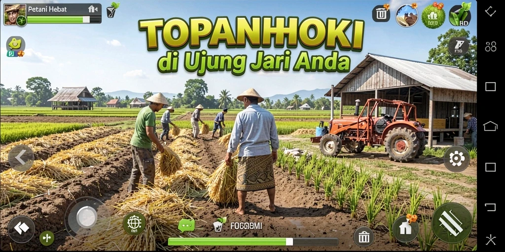 Tangkapan layar dari gameplay TOPANHOKI menampilkan ladang subur dan hewan ternak.