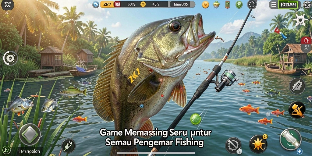 Screenshot gameplay ZK7 menampilkan aksi memancing yang menarik.